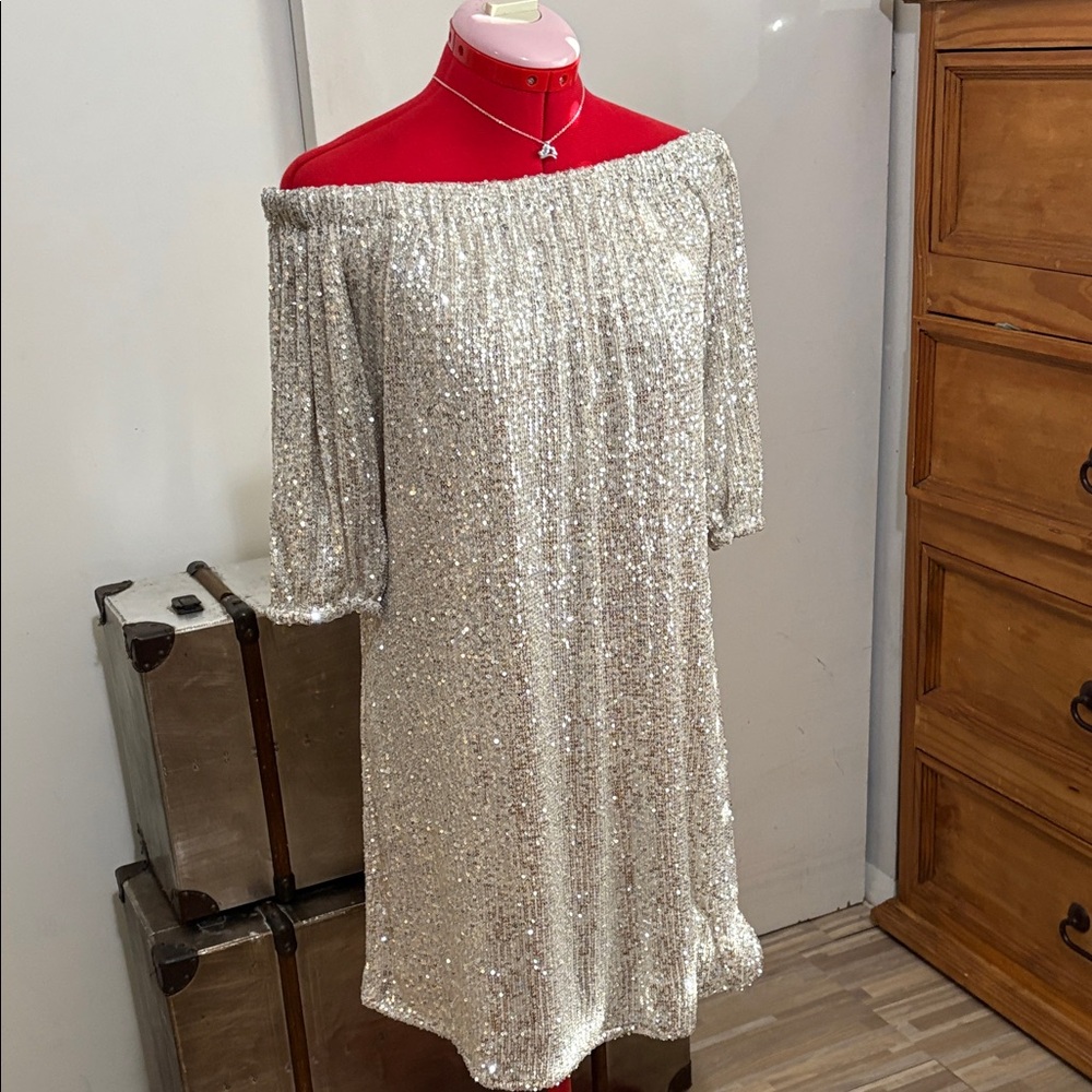 VENUS Silver Sequin Off-Shoulder Dress